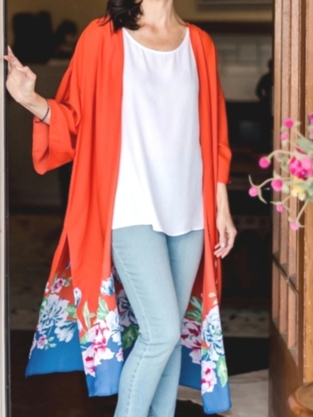 The Pioneer Woman Coral-Blue Floral Hem Duster
